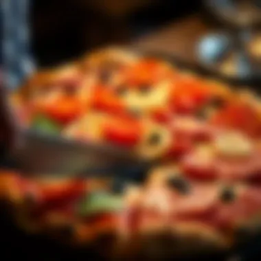 Slicing a freshly baked pizza with vibrant toppings