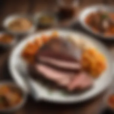 A beautifully arranged plate with brisket and side dishes