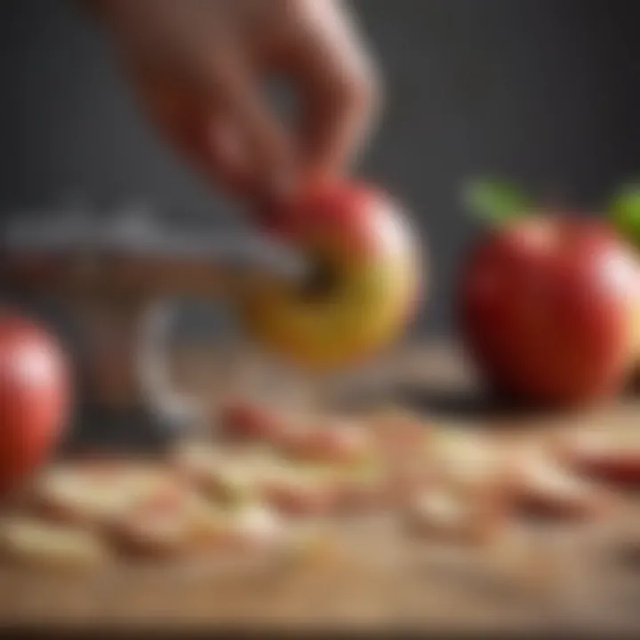 Close-up of apples being peeled and cored