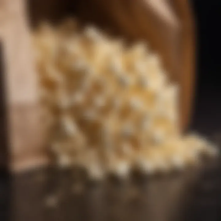 A close-up view of freshly popped popcorn in a paper bag.