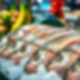 Close-up view of fresh pescada fish on ice