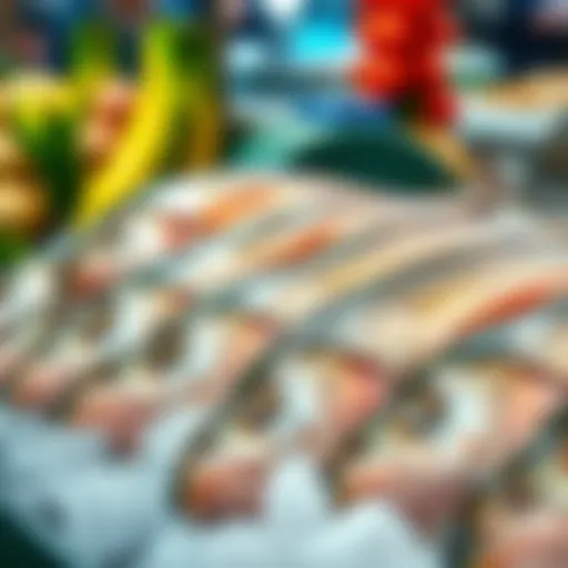Close-up view of fresh pescada fish on ice