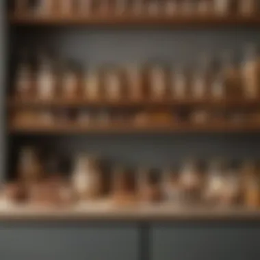 A beautifully arranged pantry shelf with pignoli nuts and other complementary ingredients.