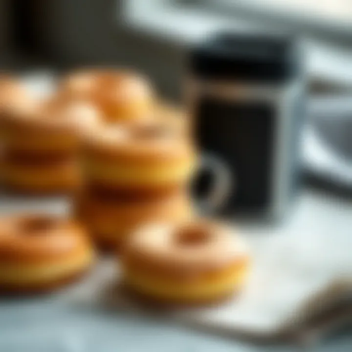 Perfect Pairing: Coffee and Donuts A minimalist setup featuring plain mini donuts and a cup of coffee