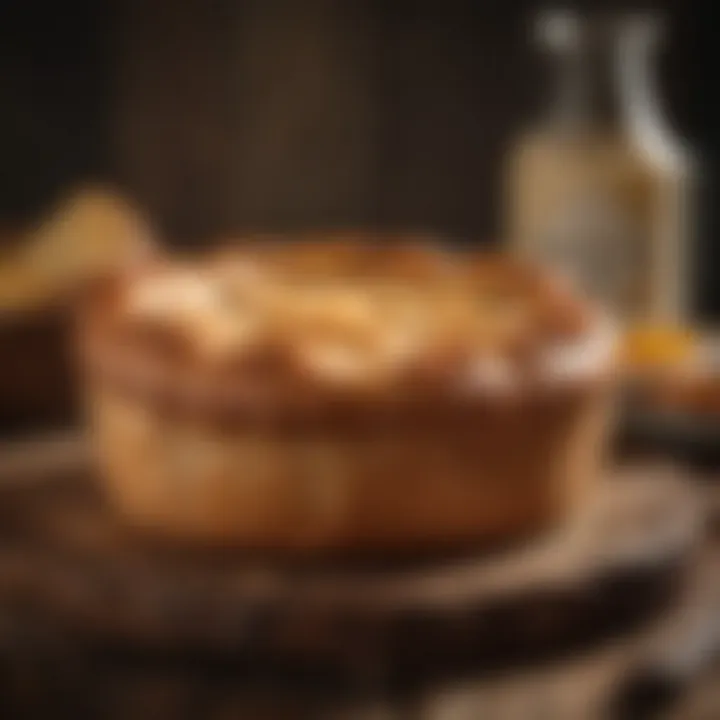 An artisan pork pie on a rustic wooden board, highlighting its golden crust and rich filling