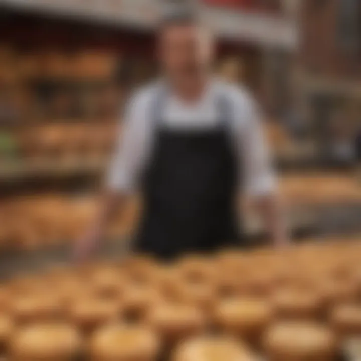 A vibrant market scene featuring vendors selling pork pies, capturing the essence of culinary tradition