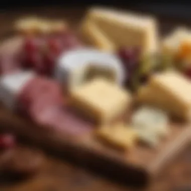 Close-up of gourmet cheeses and artisan meats artfully displayed on a wooden board.