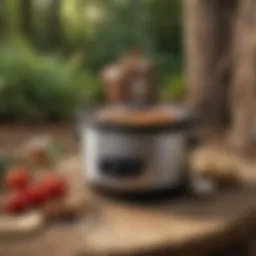 A propane crock pot in a natural outdoor setting, showcasing its portability.