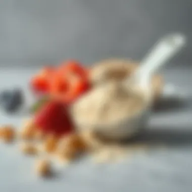 Protein Powder with Nutritional Elements A close-up of a protein powder scoop alongside fresh fruits and nuts