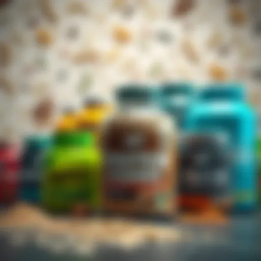 A vibrant display of various protein powders in colorful containers