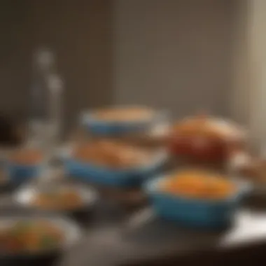 Historical Pyrex casserole dishes displayed in a museum setting