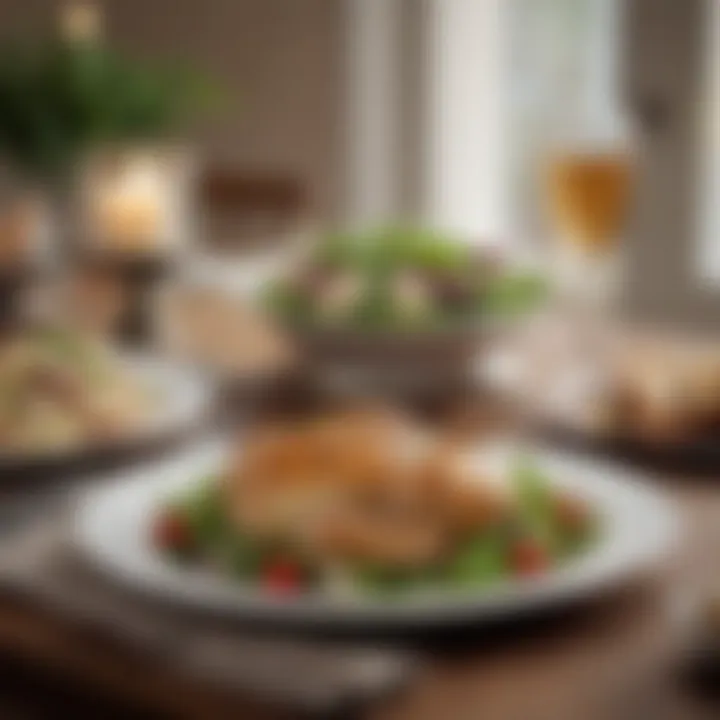 An elegant table setting featuring traditional chicken salad as a centerpiece