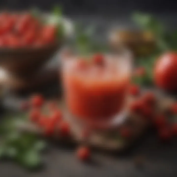 Rose hip juice in a culinary setting with herbs
