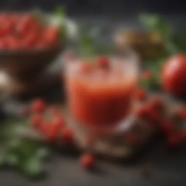 Culinary Uses of Rose Hip Juice Rose hip juice in a culinary setting with herbs