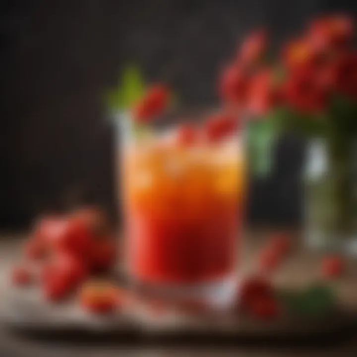 Glass of fresh rose hip juice with garnishes