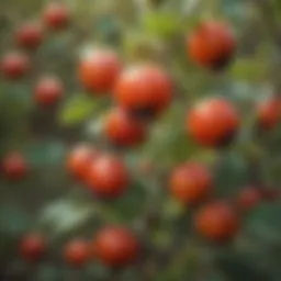 Vibrant rose hips on a bush