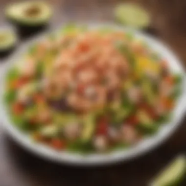 A colorful seafood salad featuring shrimp and avocado