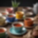 Elegant ceramic sauce cups in various colors arranged on a dining table