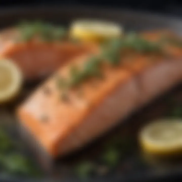 Oven-baked salmon garnished with lemon and herbs