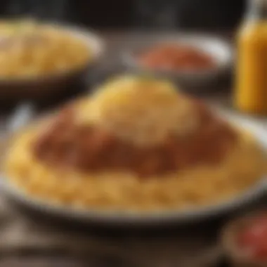 A steaming plate of Skyline Chili served with spaghetti and shredded cheese.