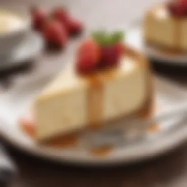 Slice of Vegan Cheesecake Presentation Sliced vegan cheesecake on a decorative plate with a fork beside it