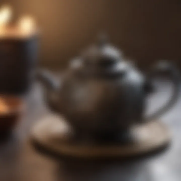 A small metal tea pot gleaming under soft light, showcasing its craftsmanship and unique texture.