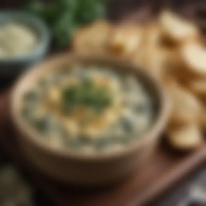 A rich and creamy spinach and artichoke dip served in a rustic bowl.