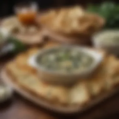 An elegant table setting featuring spinach and artichoke dip with various dippers.