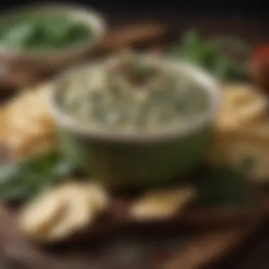 Enhancing flavors for Spinach and Artichoke Dip A vibrant array of spices and herbs that enhance the flavor of spinach and artichoke dip.