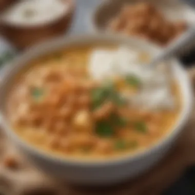 A close-up of a spoonful of creamy coconut milk curry with chickpeas and spices