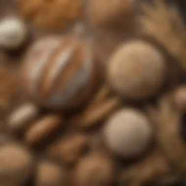 An artistic arrangement of various grains and flours used in sourdough baking