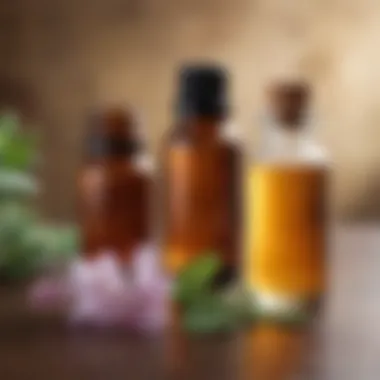 A bottle of essential oil with a diffuser in the background