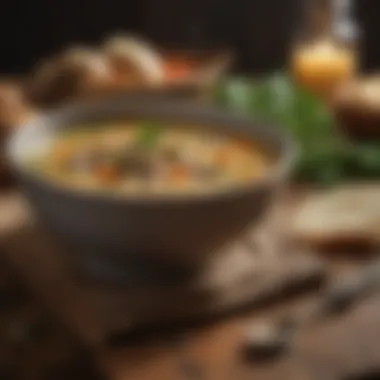 A steaming bowl of hot soup on a wooden table