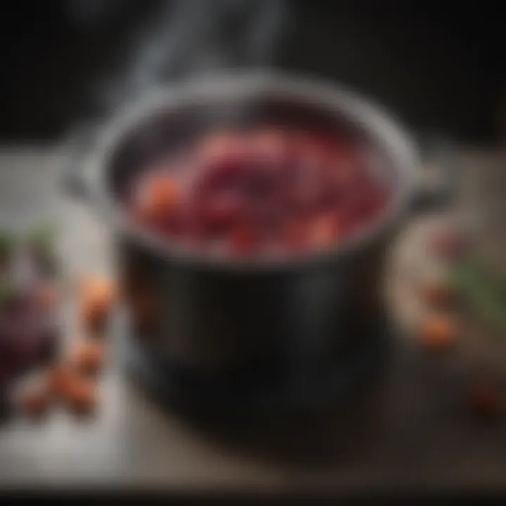 A simmering pot of rich Merlot Sauce on a stove, showcasing vibrant colors and textures