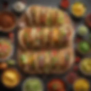 Assorted Tacos Display A colorful array of assorted tacos filled with various ingredients and toppings.