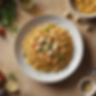 Delicious Creamy Pasta Dish A sumptuous plate of creamy pasta garnished with herbs and a sprinkle of cheese.