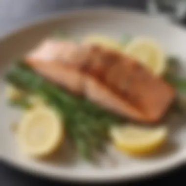 An elegant arrangement of grilled salmon with a side of asparagus and lemon.