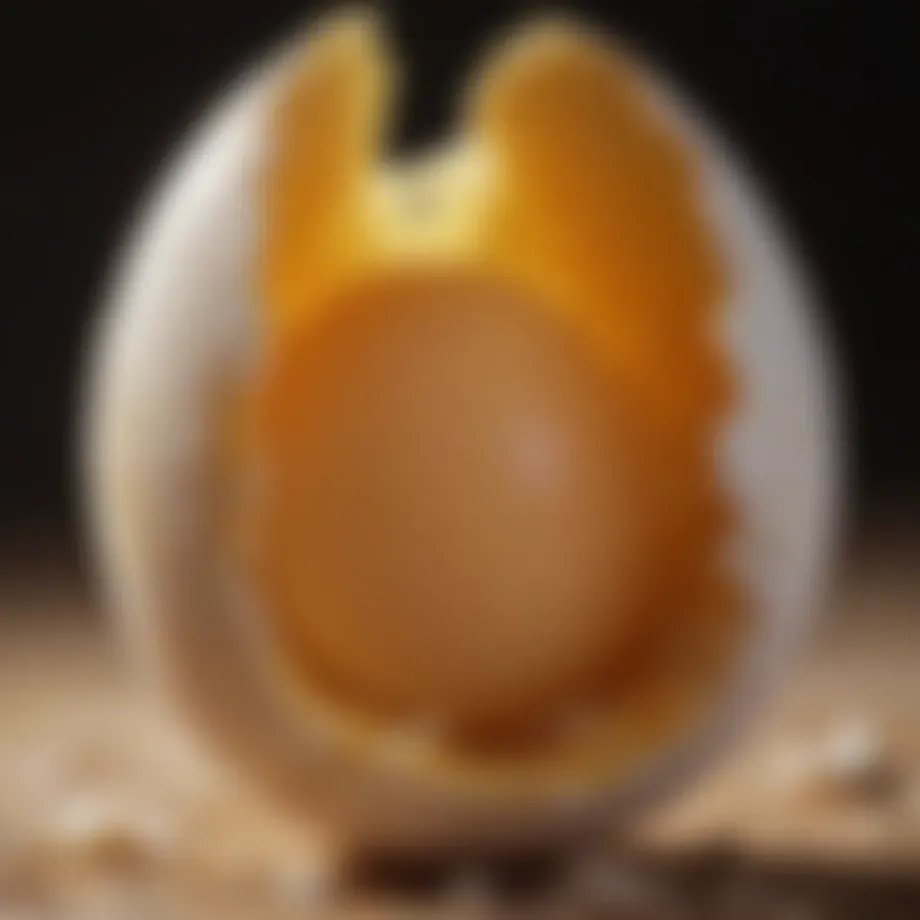 Close-up of a cracked egg shell revealing the egg inside
