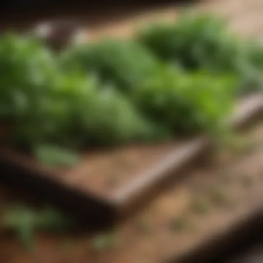 An assortment of vibrant fresh herbs displayed on a rustic wooden table