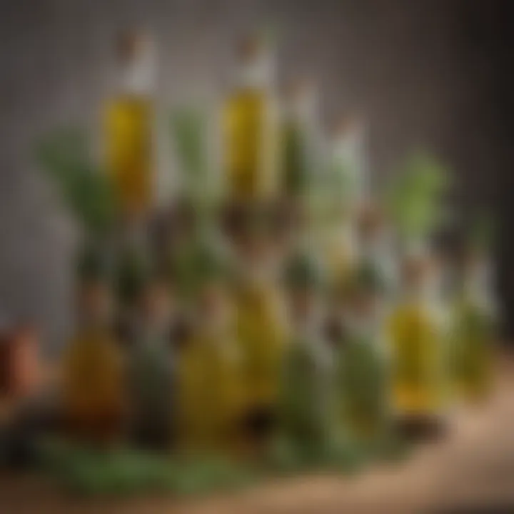 A beautifully arranged collection of herb-infused oils in glass bottles