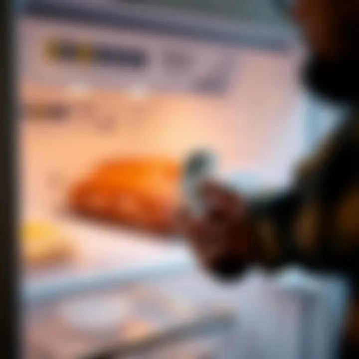 A person using a freezer thermometer to check the temperature inside a meat freezer chest.