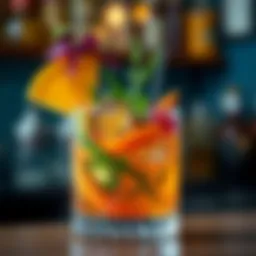 An intricate cocktail garnished with vibrant herbs and unique ingredients