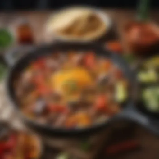 Sizzling cast iron skillet with vibrant fajita ingredients