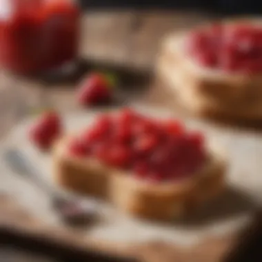 A spread of strawberry jam on a toasted slice of bread