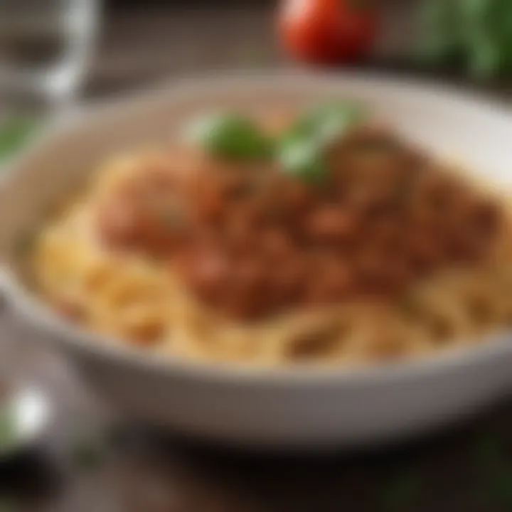 A steaming bowl of spaghetti bolognese garnished with fresh herbs