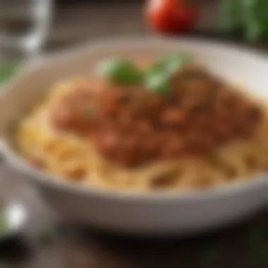Aromatic Presentation of Spaghetti Bolognese A steaming bowl of spaghetti bolognese garnished with fresh herbs
