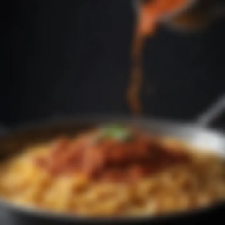 A close-up of the rich, simmering sauce in a pan