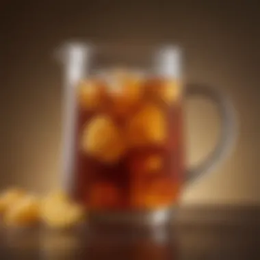 A close-up of freshly brewed sweet tea in a glass pitcher, showcasing its rich amber color.