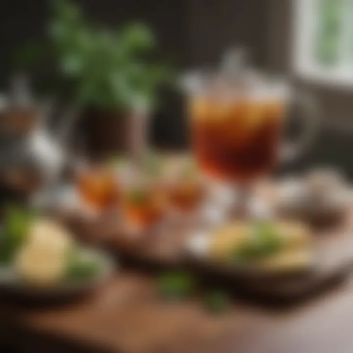 A beautifully set tea table featuring sweet tea, garnished with mint and lemon slices.