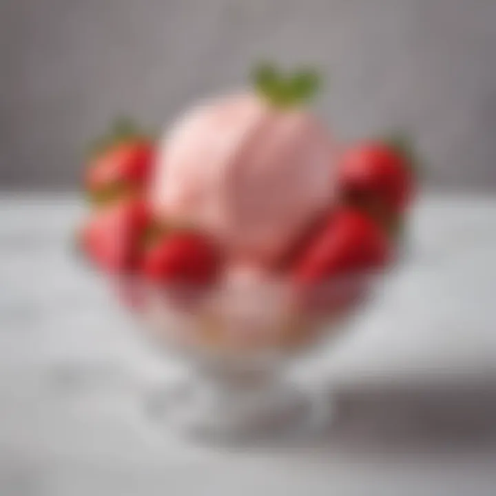 A scoop of strawberry ice cream garnished with mint